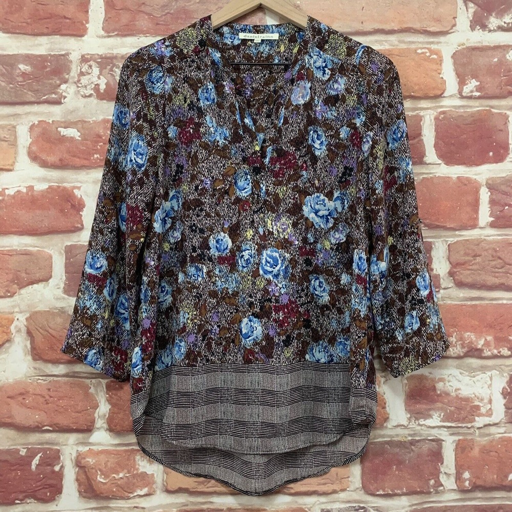 Anthropologie Daniel Rainn Top Women's Brown Multicolor Floral Plaid Blouse